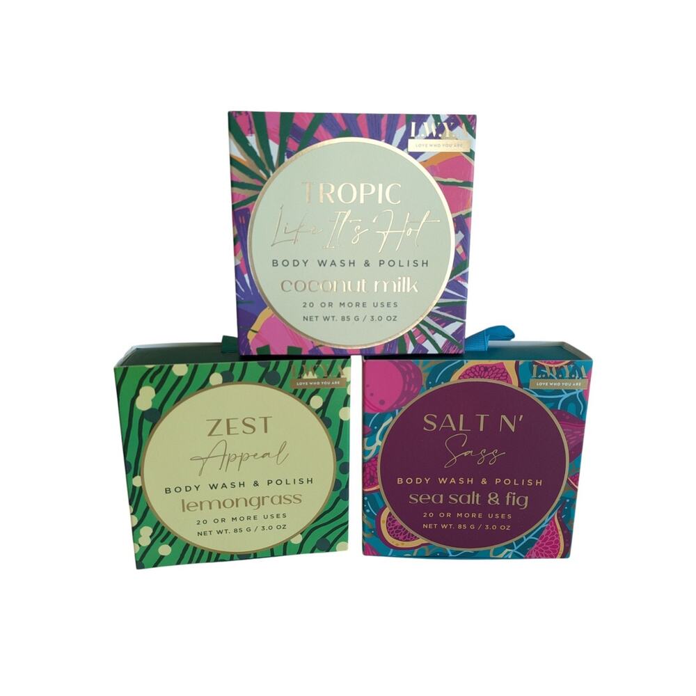 LWYA By Kim Gravel 3 Pc Set New Body Wash & Polish Buffers Sponges Lemongrass